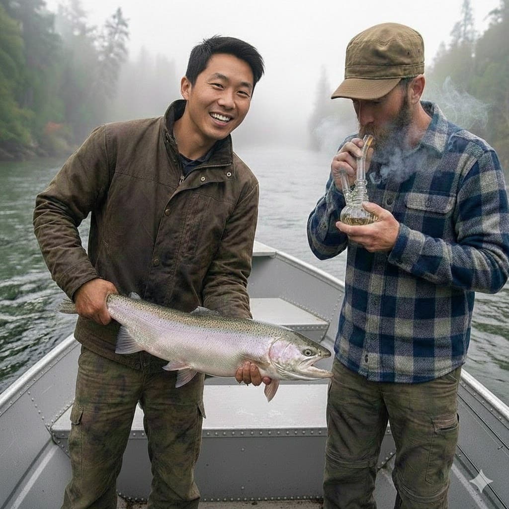 Angler with a steelhead while his guide takes a dab on a misty PNW river