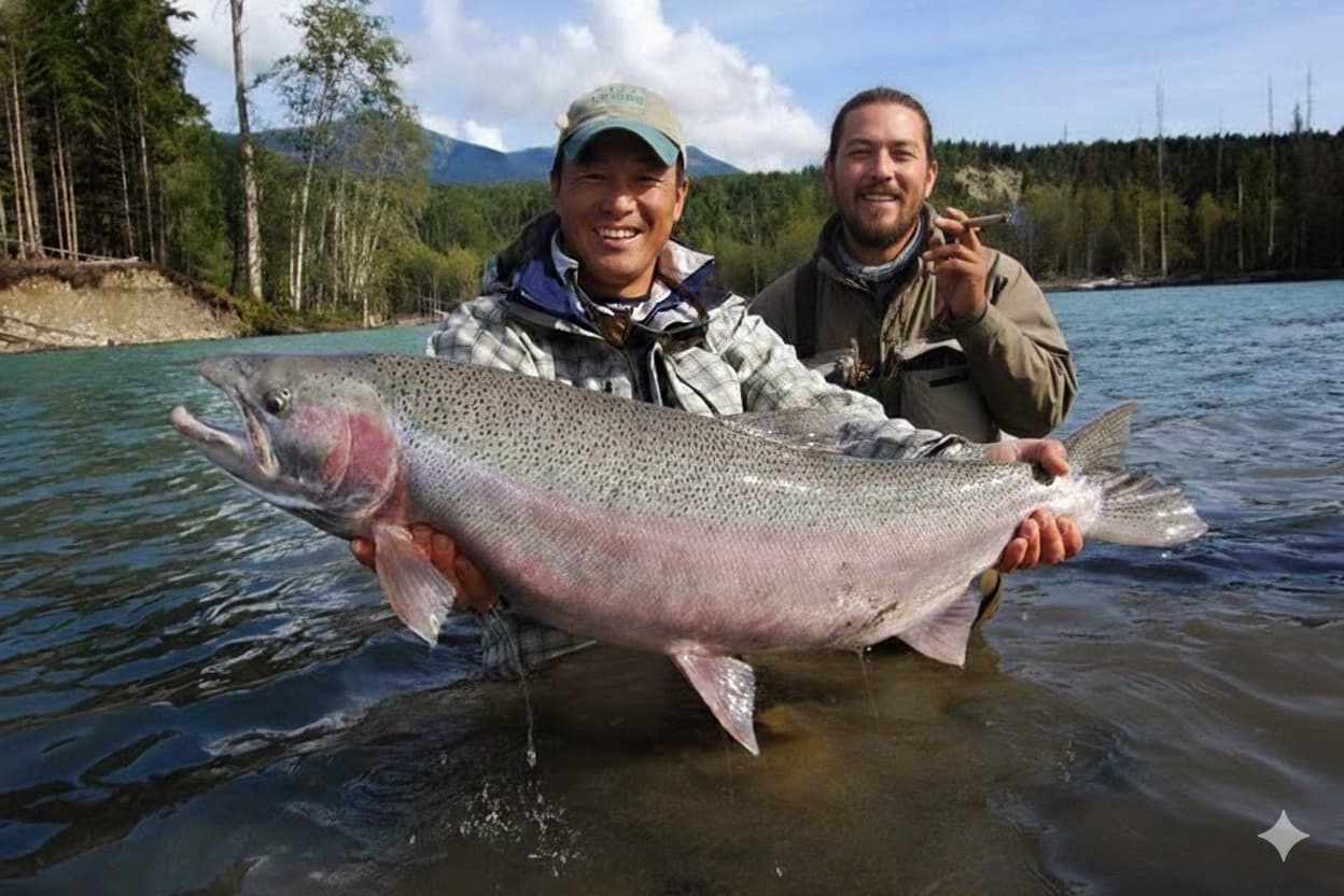 Two anglers holding a massive king salmon on a turquoise PNW river with mountains behind